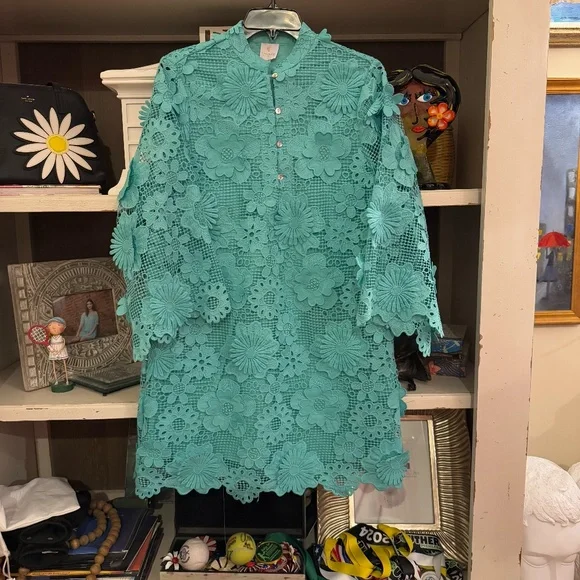 J.Marie Seraphina Dress XS mint green Short Floral 3D Lace caftan XSmall - Picture 6 of 6